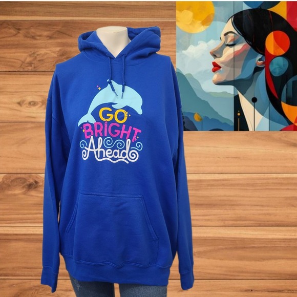 Gildan Hoodie Sz L Royal Blue "Go Bright Ahead" Dolphin Graphic Pullover Sweatsh - Picture 1 of 9